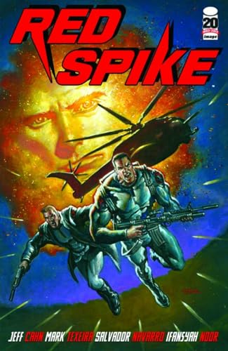 Comic cover: two armed men running, helicopter, and a large face in background.