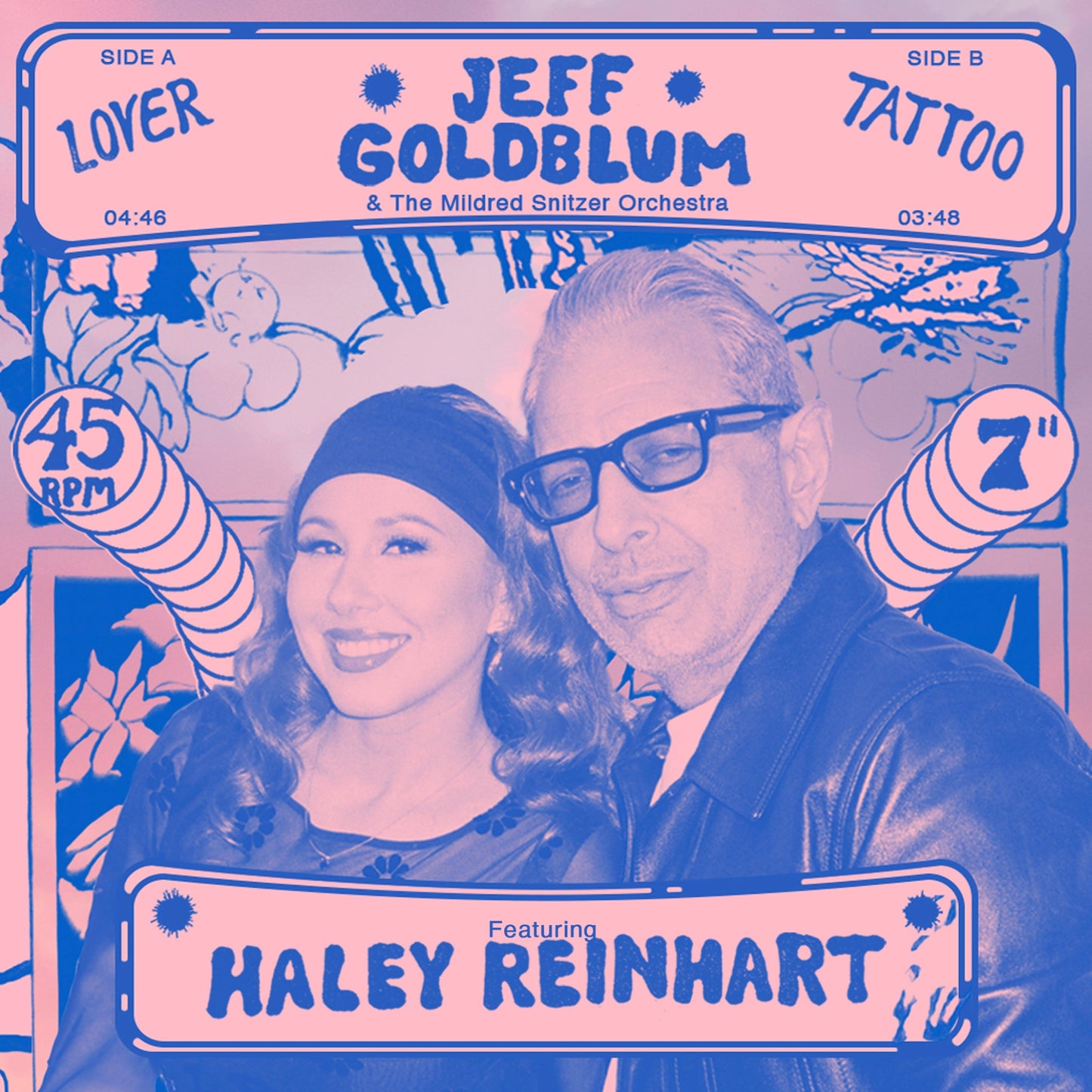 Jeff Goldblum and Haley Reinhart on a pink and blue record cover.