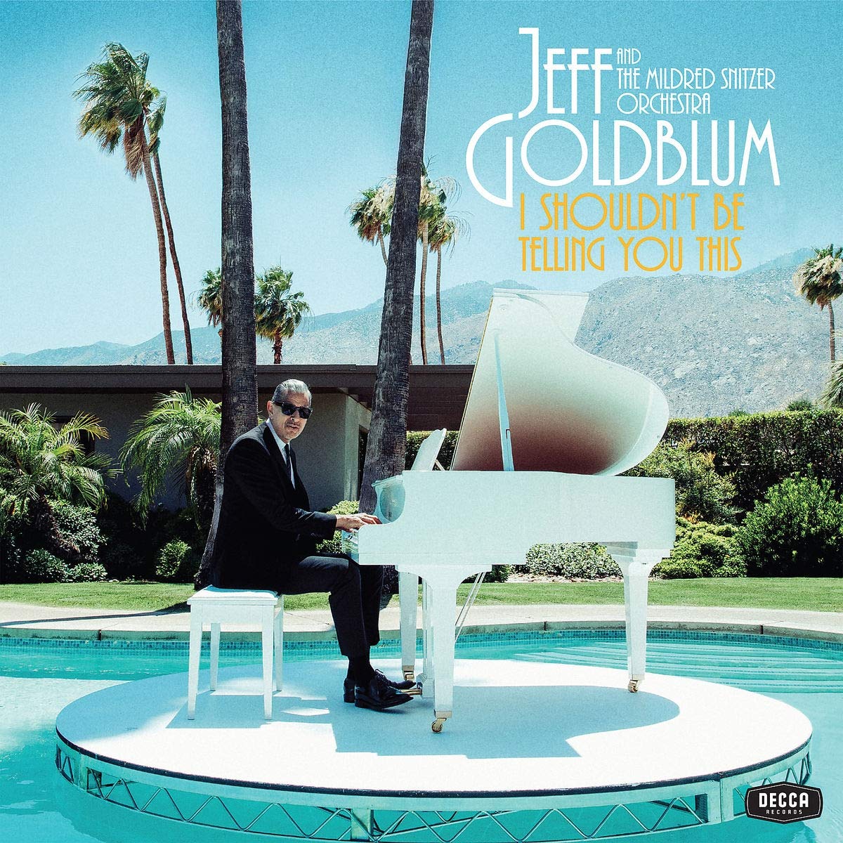 Album cover: Jeff Goldblum sitting at a white grand piano in a pool.