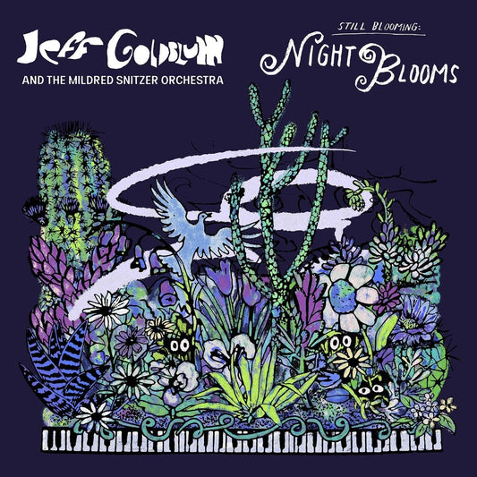 Album cover illustration featuring cacti, flowers, a bird, and piano keys on purple background.