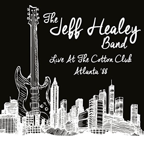 White line art of a guitar and city skyline on a black background.