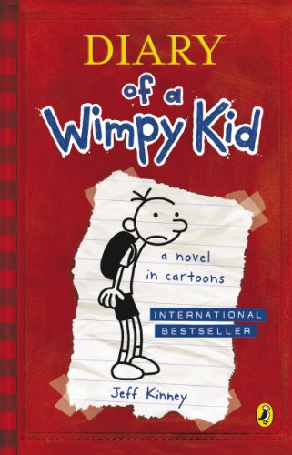 "Red book cover with cartoon boy and title 'Diary of a Wimpy Kid'."
