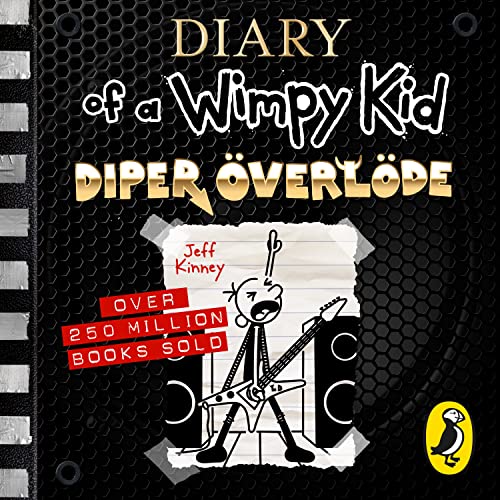 Book cover: “Diary of a Wimpy Kid Diper Överlöde” with cartoon illustration.