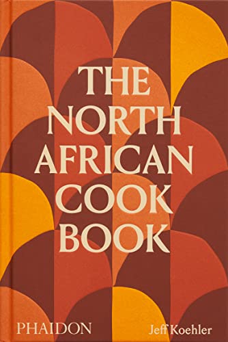 Cookbook cover with geometric orange and red pattern, titled "The North African Cookbook".