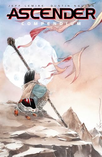 “Ascender Compendium” cover: girl with staff before a large moon and flags.