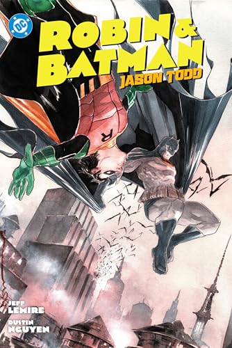 Comic book cover featuring Batman and Robin falling through a city skyline.
