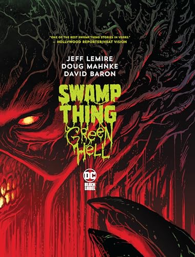 Swamp Thing comic cover, red and black, with glowing eyes and vines.