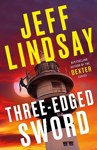 Book cover: lighthouse with silhouetted figure, fiery sunset, bold text.
