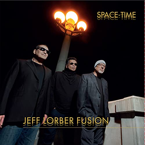 CD cover for Jeff Lorber Fusion’s “Space-Time” featuring three men and a lamppost.