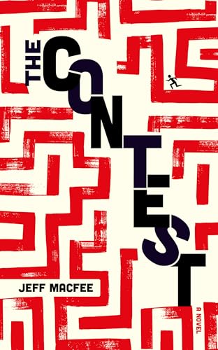 Book cover: red maze background, large dark text “The Contest”, small figure.