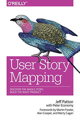 Book cover for User Story Mapping featuring a colorful bird illustration on white background.