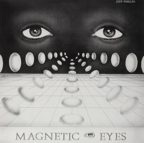 Black and white album cover featuring large eyes overlooking a grid with floating orbs.