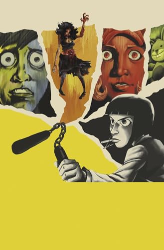 Comic book cover with four diverse faces and a woman with a weapon.