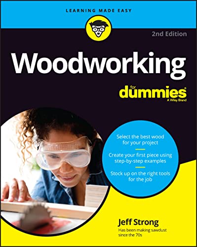 Book cover: "Woodworking For Dummies," featuring a woman with safety glasses.