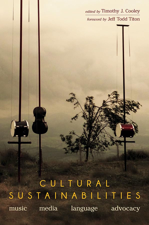 Book cover with hanging drums, guitar, and a small, misty tree.