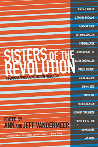 Book cover: "Sisters Of The Revolution" anthology, striped orange and blue.