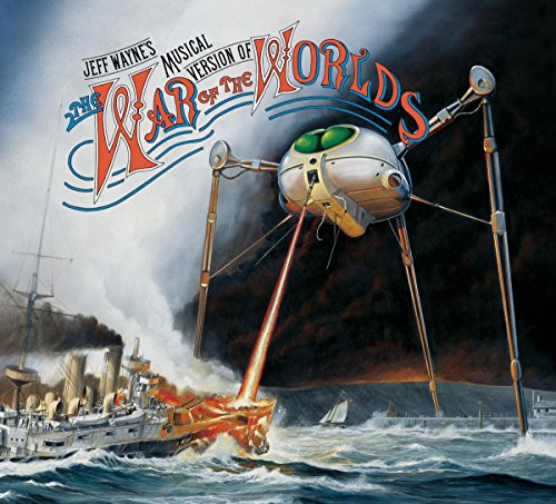 A giant tripod alien machine fires a heat ray at a ship at sea.