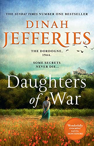 Book cover: woman in a field, village in the distance, blue sky.