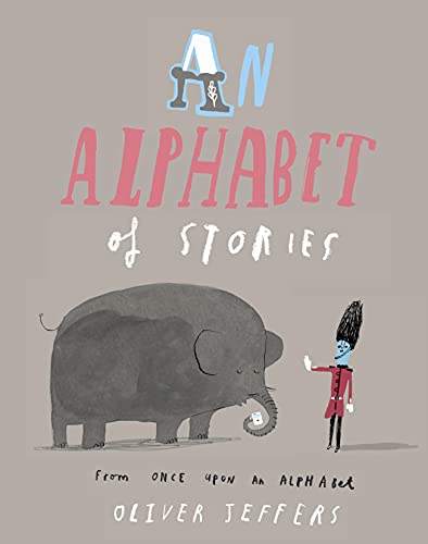 Book cover: "An Alphabet of Stories" with an elephant and guard illustration.
