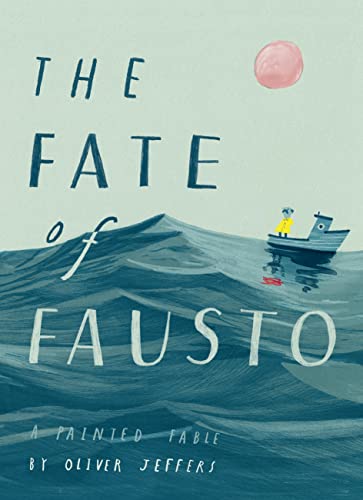 Book cover: small boat on blue waves under a pink sun.