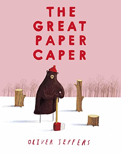 Book cover: bear with axe stands in snowy forest, pink background.
