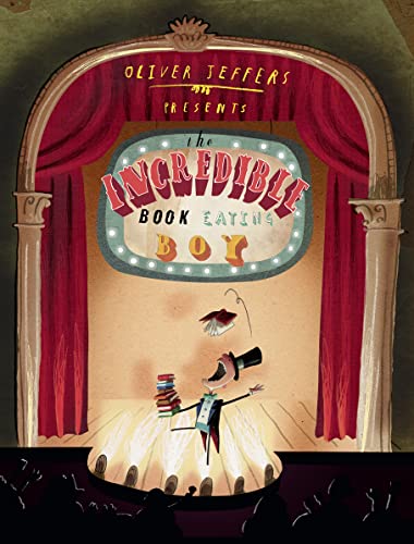 Book cover: a boy in a suit balances books on his head on stage.