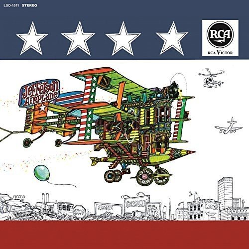 The image depicts a vinyl record cover featuring a colorful, multi-level, multi-winged airplane.