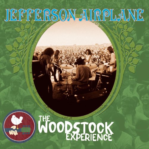 Green album cover with band performing on stage at Woodstock festival in circular frame.