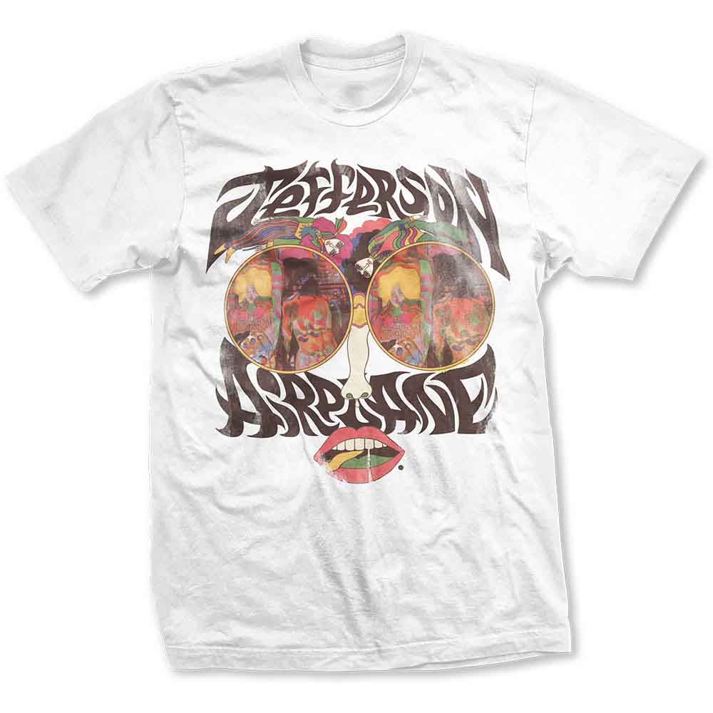 White t-shirt with colorful Jefferson Airplane lips logo design on a model.