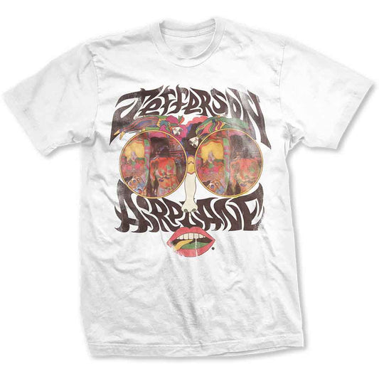 White t-shirt with colorful Jefferson Airplane lips logo design on a model.