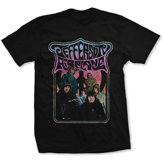 Black t-shirt with a retro Jefferson Airplane band photo graphic.