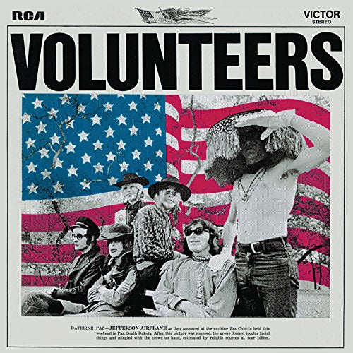 Jefferson Airplane's "Volunteers" album cover with band and American flag.