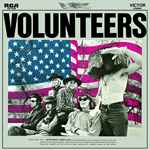 Jefferson Airplane’s “Volunteers” album cover: band with American flag backdrop.