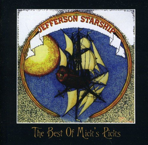 "CD cover with a ship and moon illustration, titled 'Jefferson Starship - The Best Of Mick's Picks'."