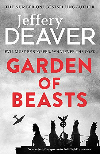 Book cover: “Garden of Beasts” by Jeffery Deaver, with horses and a plane.
