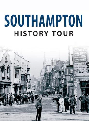 Vintage Southampton street scene with horse-drawn carriages and pedestrians.