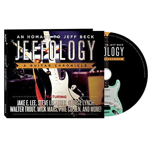 CD case and disc for "Jeffology," a tribute to Jeff Beck, with a guitar.