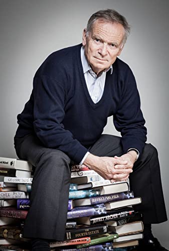 Jeffrey Archer portrait, seated on a stack of his published books.