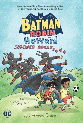 Book cover: Batman, Robin, and children surrounded by ninja figures in grass.