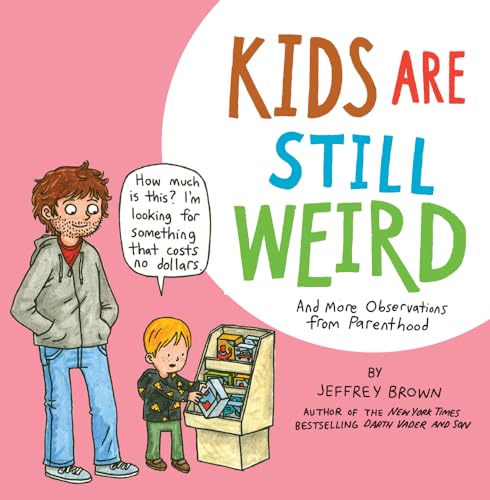 Book cover with cartoon illustration of a parent and child near a magazine rack.