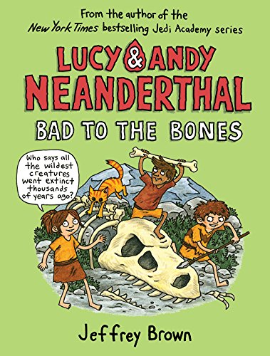Book cover: Neanderthal children and a cat near dinosaur bones.