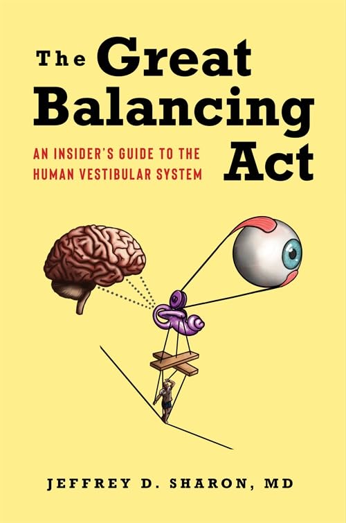 Book cover featuring a brain, eye, inner ear, and a tightrope walker.