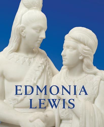 White marble sculptures of two figures with the book title "Edmonia Lewis".