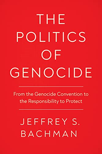 Red book cover with white text: "The Politics of Genocide" by Jeffrey Bachman.