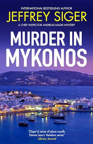 Book cover for Murder in Mykonos showing a harbor at dusk with lit buildings.