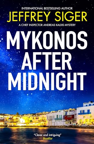 Book cover for “Mykonos After Midnight” with a nighttime town scene.