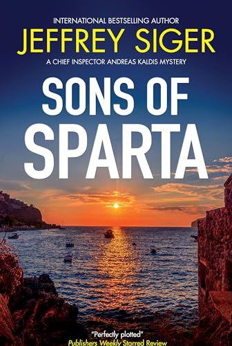 Book cover: "Sons of Sparta" with a coastal sunset background.