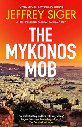 Book cover: "The Mykonos Mob" with a coastal town scene and bold text.