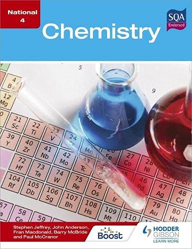 National 4 Chemistry" textbook cover with lab glassware and periodic table.