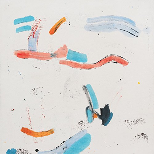 Abstract painting with blue, red, and orange brushstrokes on a white background.